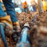 Construction workers equipped with tools are repairing pipes in a deep trench, concentrating on infrastructure maintenance