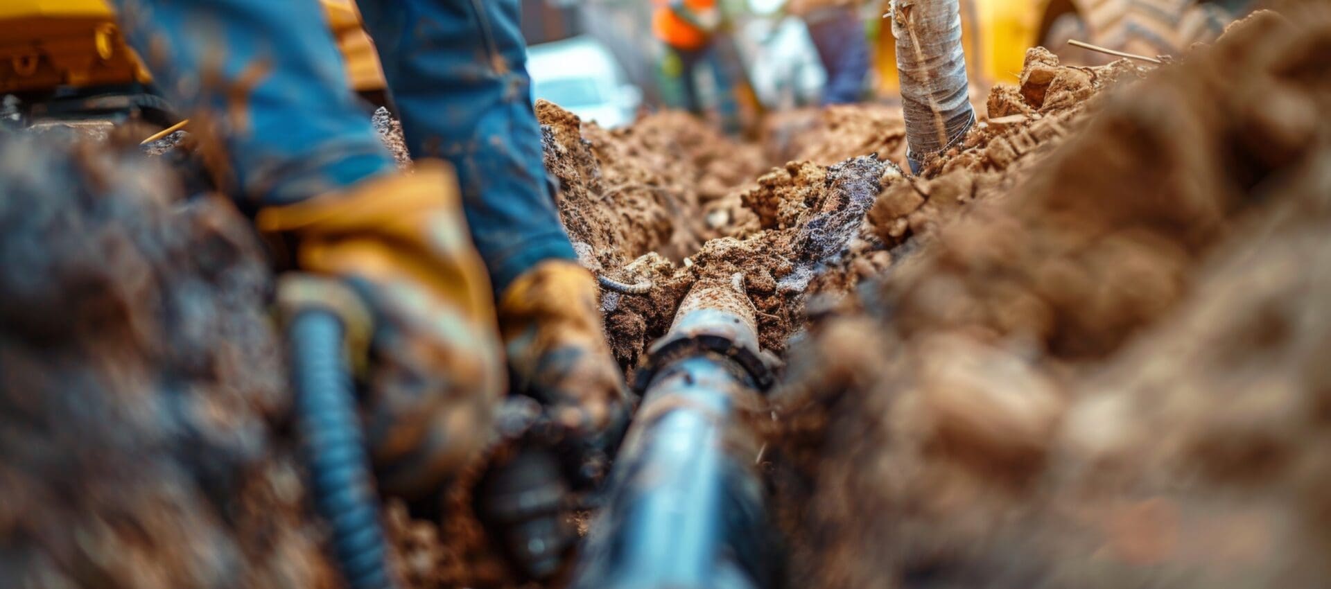 Construction workers equipped with tools are repairing pipes in a deep trench, concentrating on infrastructure maintenance