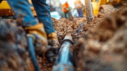 Construction workers equipped with tools are repairing pipes in a deep trench, concentrating on infrastructure maintenance