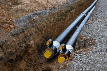 Large black gas pipes with a plastic sheath are installed in trenches as part of a modern pipeline system