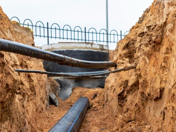 The fiber optic cable is installed in a trench beneath the existing sewerage engineering networks